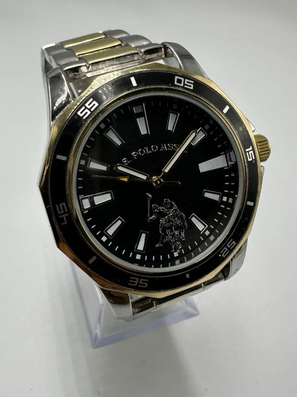 US Polo Assn Watch Mens Silver Gold Two Tone Black Dial 4New Battery 8.25 Inch